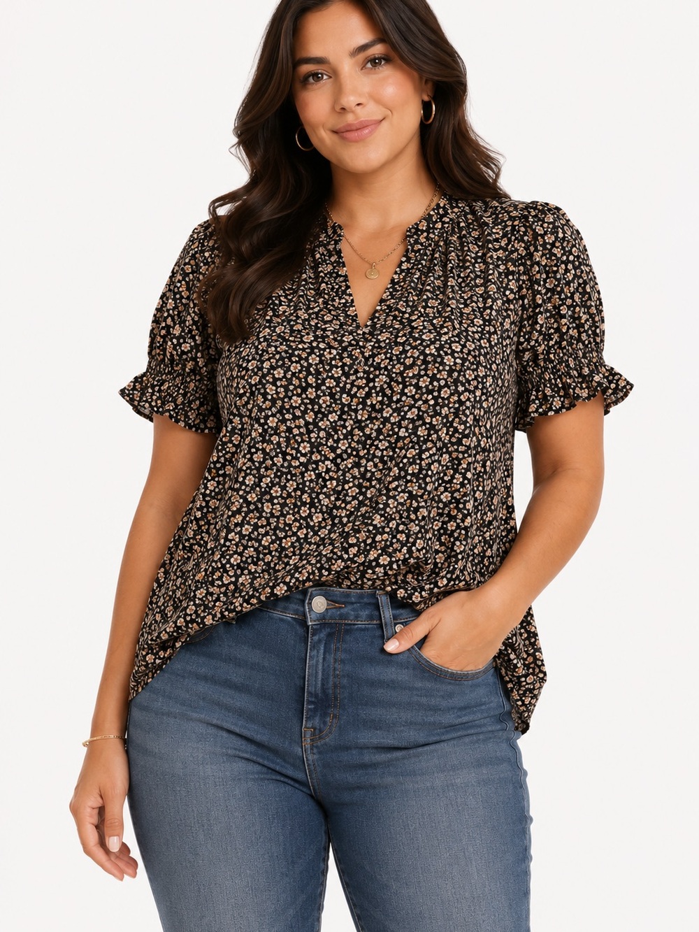 EVERLEIGH Floral Short Sleeve High/low Top In Black Khaki Ditsy, Size XL,‎ NWT